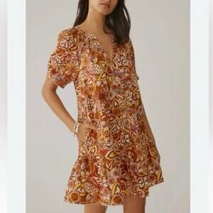 Anthropologie Pilcro Puffed Sleeve Floral Tapestry Dress cotton linen rust XL